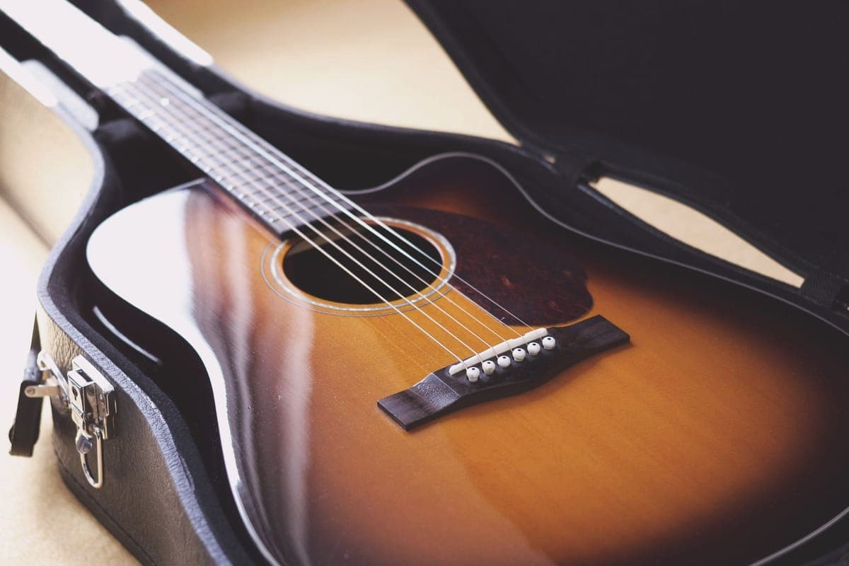 An acoustic guitar closed into its case — a stand-in for the Oasis OH-6 Guitar Humidifier, not a photograph of this model