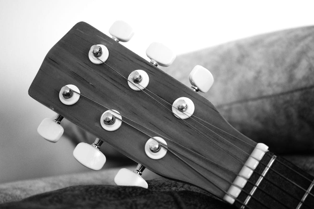 A black and white close-up of an acoustic guitar headstock and tuners