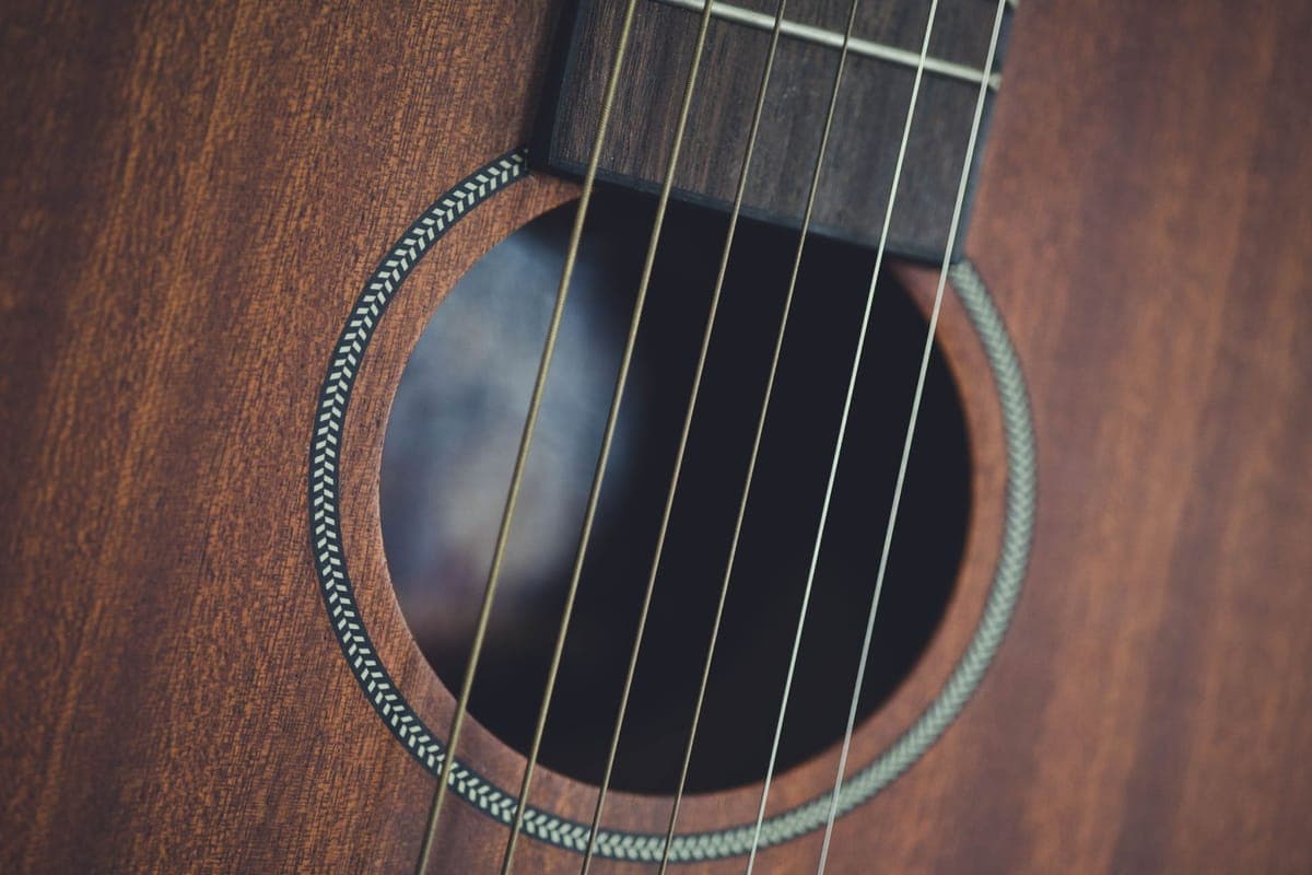 An acoustic guitar body and soundhole with accessories arranged nearby
