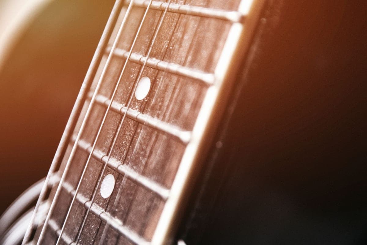 A close-up along the strings and fingerboard of an acoustic guitar