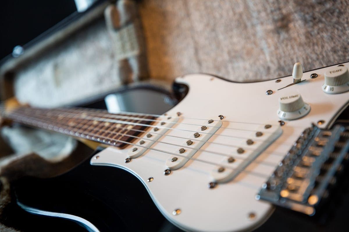 An acoustic guitar closed inside its case