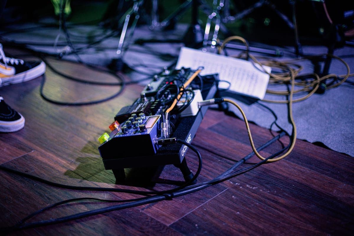 A small guitar practice amplifier on a floor