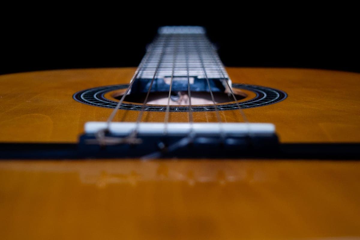 A close-up of the strings and soundhole of a classical guitar